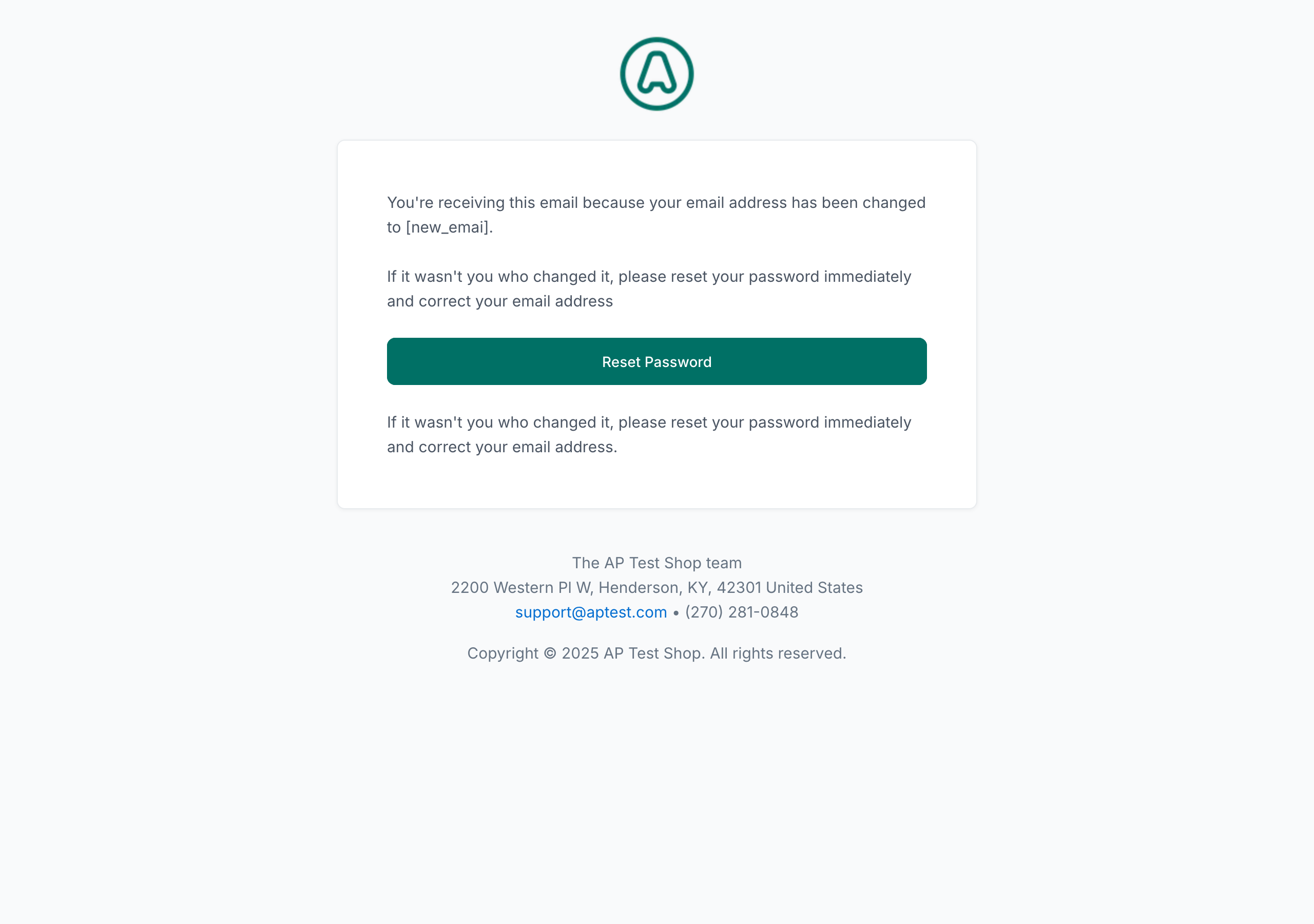 Email changed notification: NEXT logo, account email update confirmation, new email address, security guidance if the change was not authorized, and store footer.