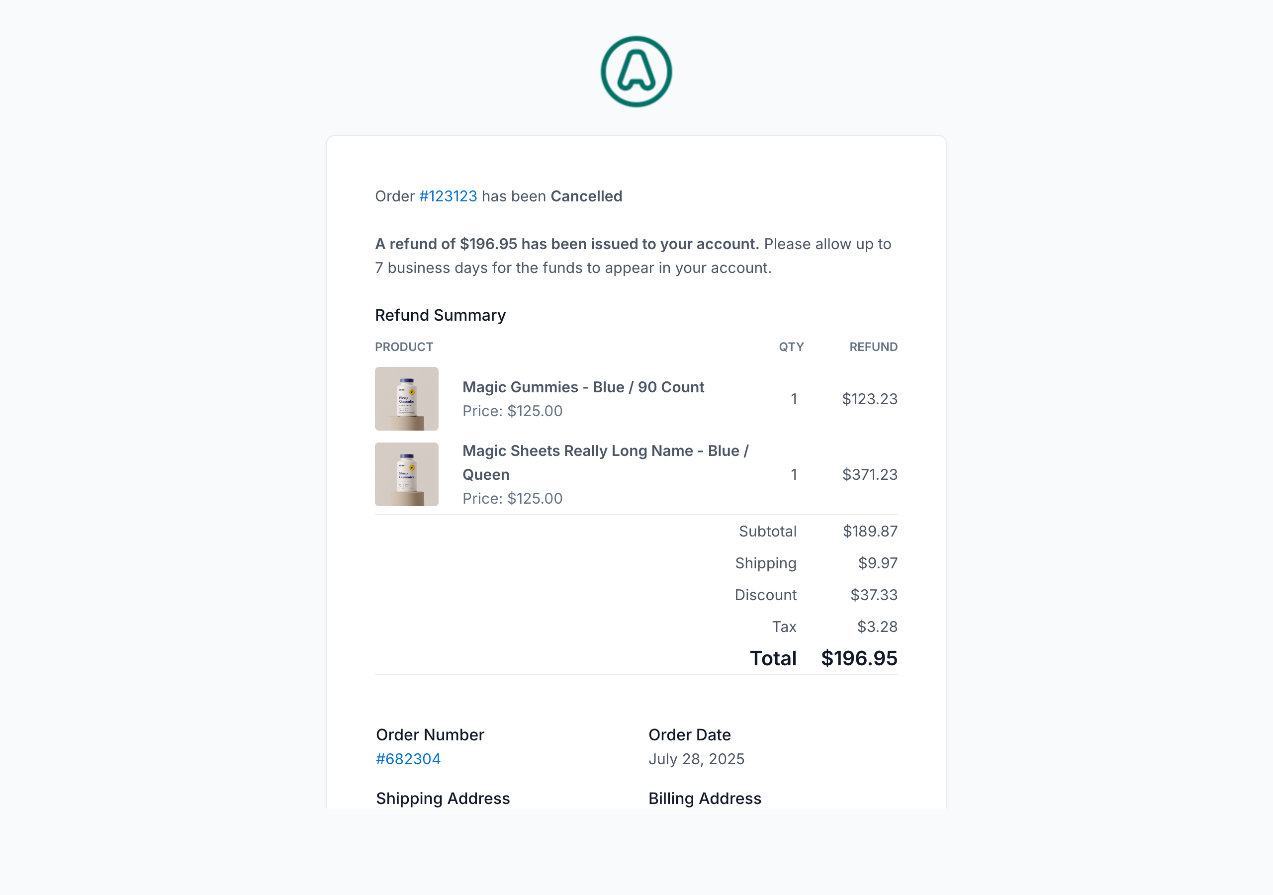 Order canceled email: NEXT logo, order canceled headline, canceled order summary with items and totals, and store footer.