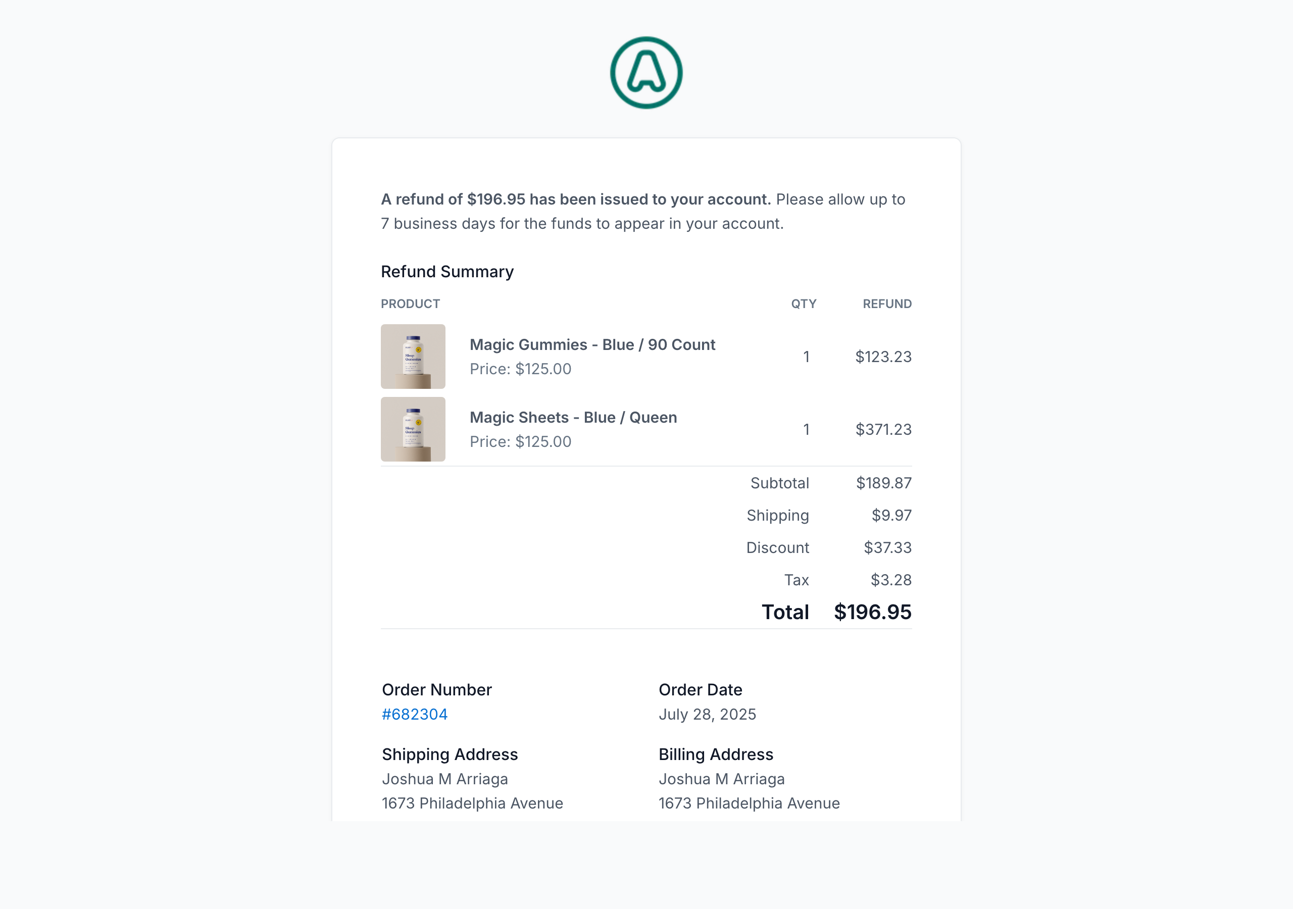Refund notification email: NEXT logo, refund confirmation headline, refund amount and payment method details, refunded items table, and store footer.