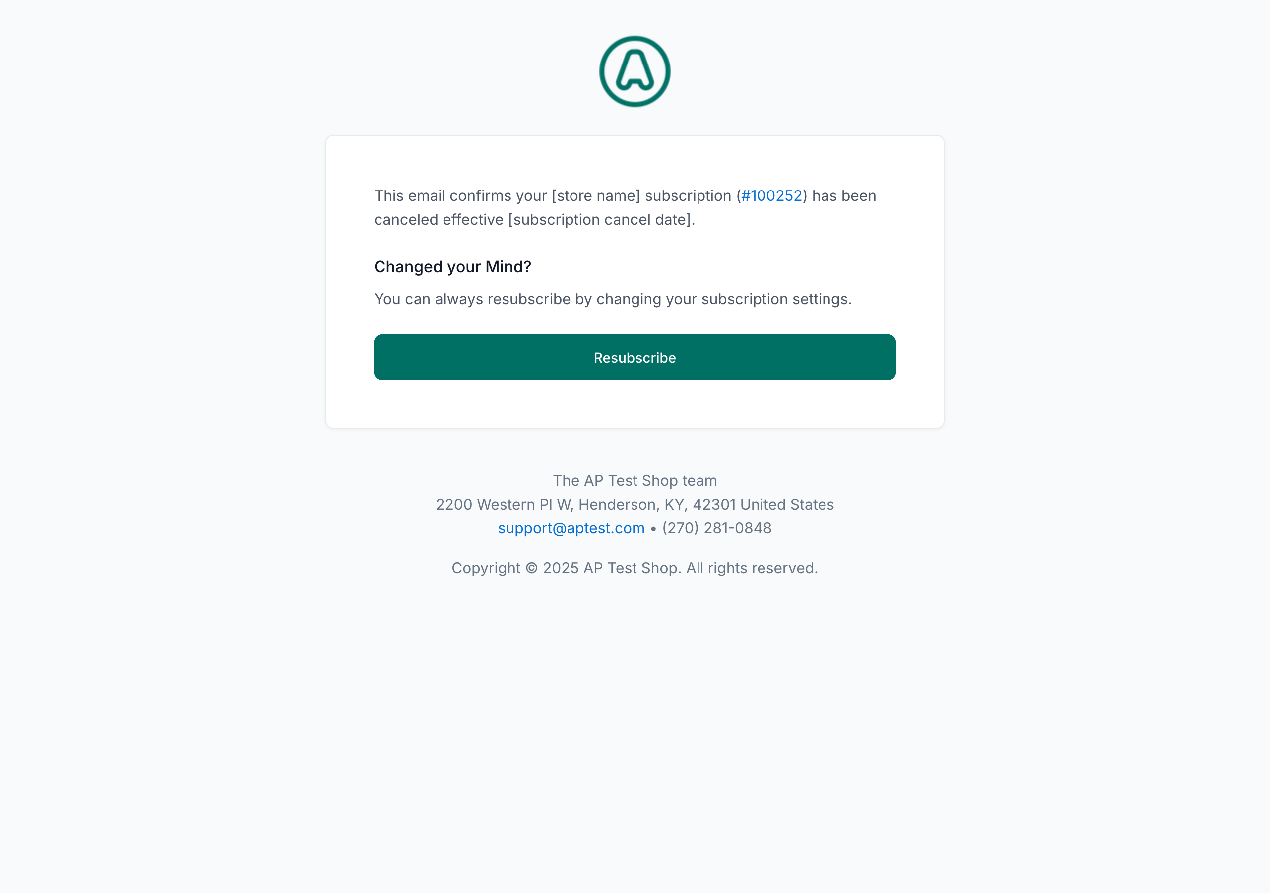 Subscription canceled email: NEXT logo, subscription cancellation confirmation, resubscribe button, and store footer.