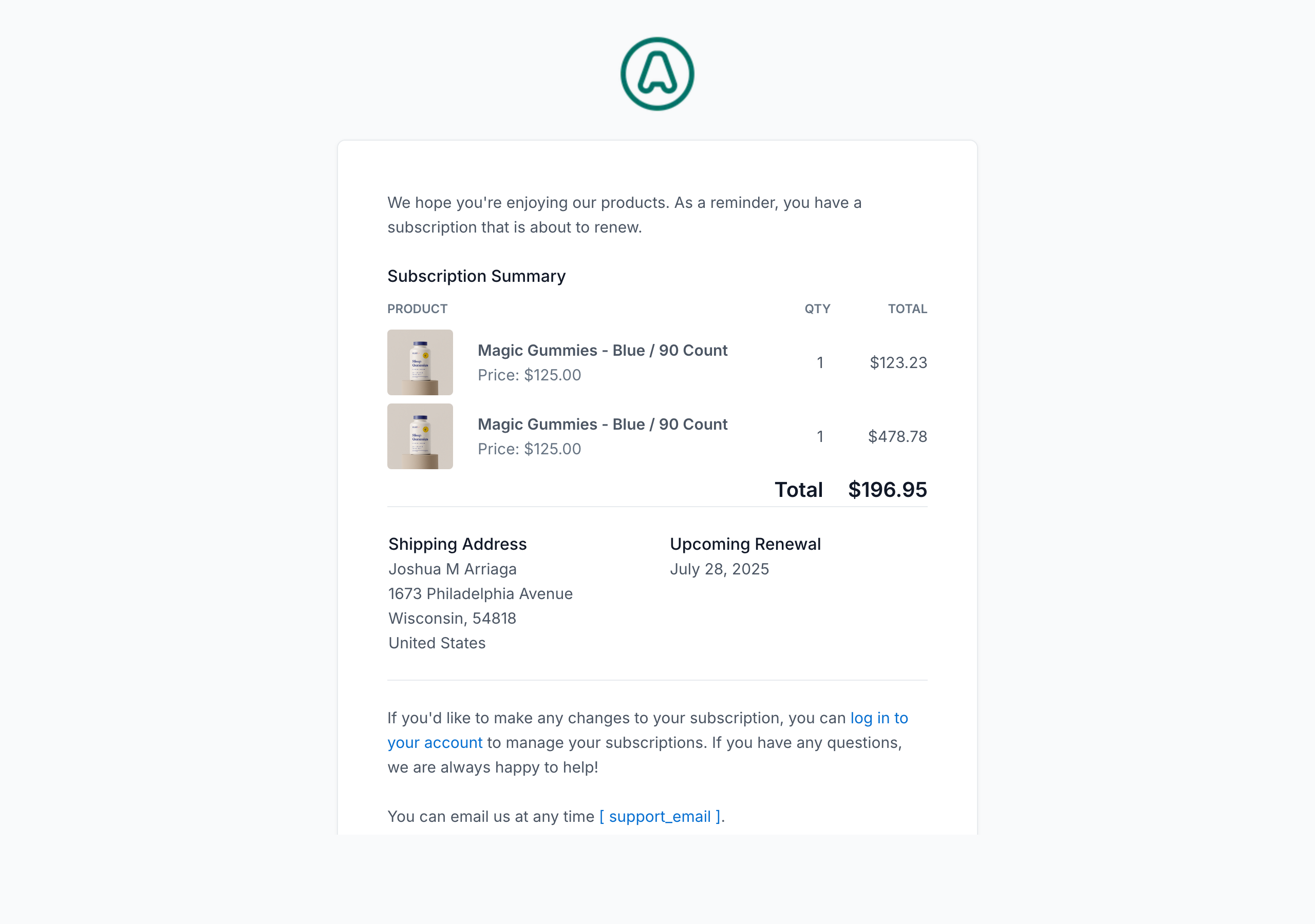 Subscription renewal email: NEXT logo, renewal notification headline, subscription items with pricing, next renewal date, manage subscription button, and store footer.