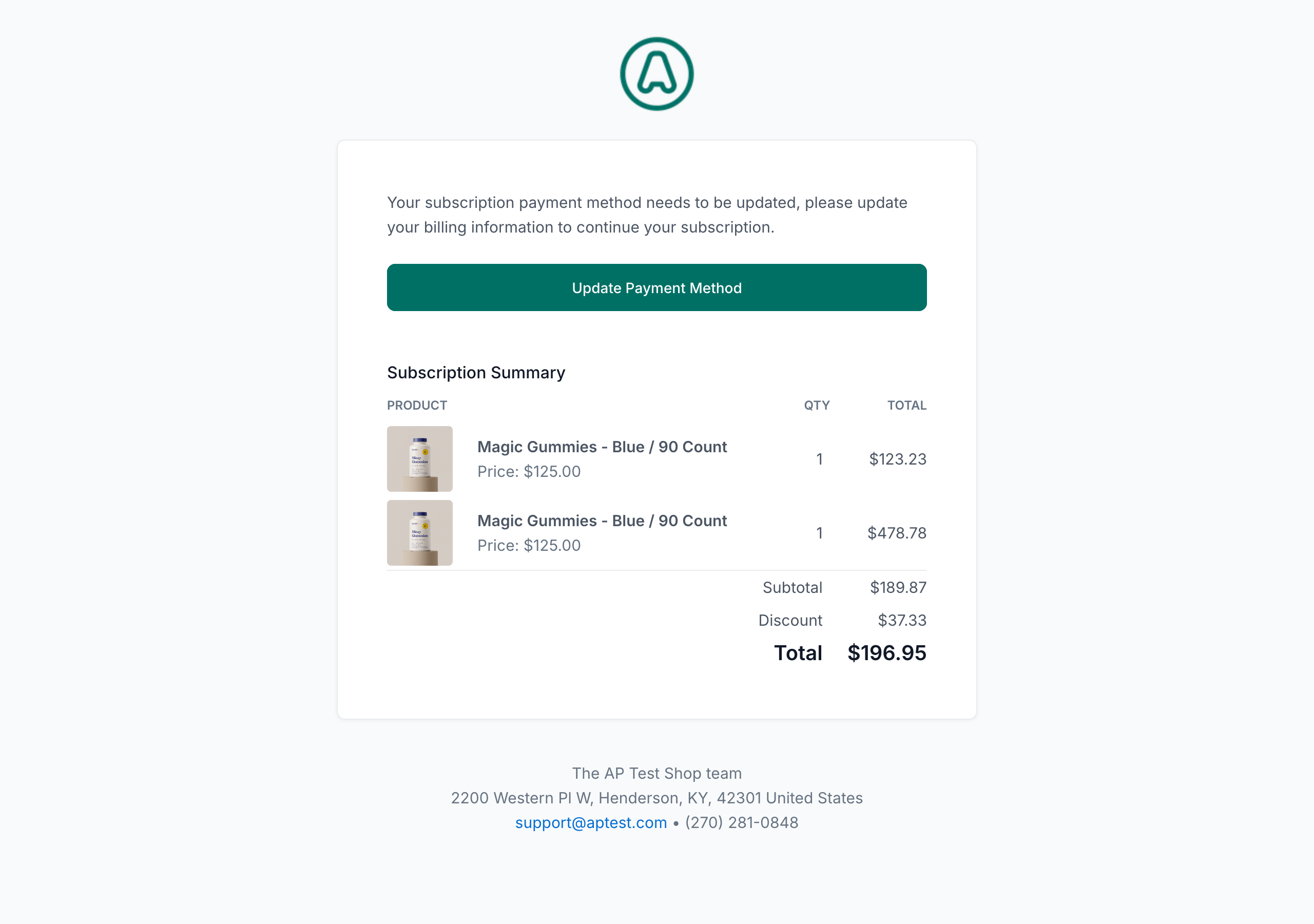 Subscription update payment email: NEXT logo, payment update required headline, subscription summary with items and total, update payment method button, and store footer.