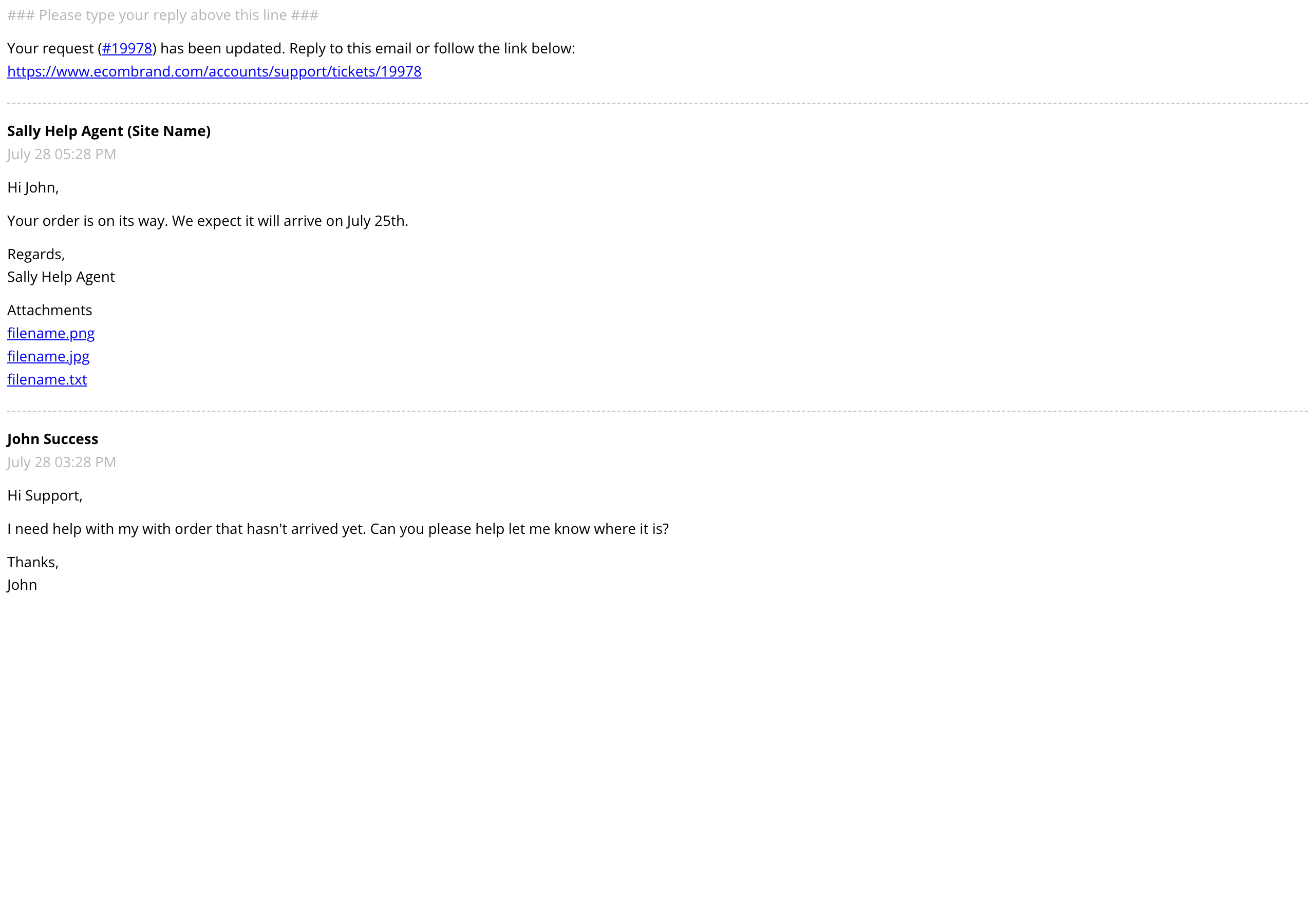 Ticket notification email: NEXT logo, new support reply headline, ticket reply content, view ticket button, and store footer.